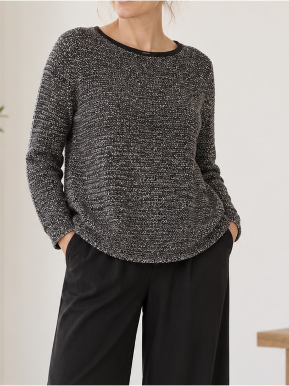 Eileen Fisher Organic Linen Layered Marled Sweater Medium Black White